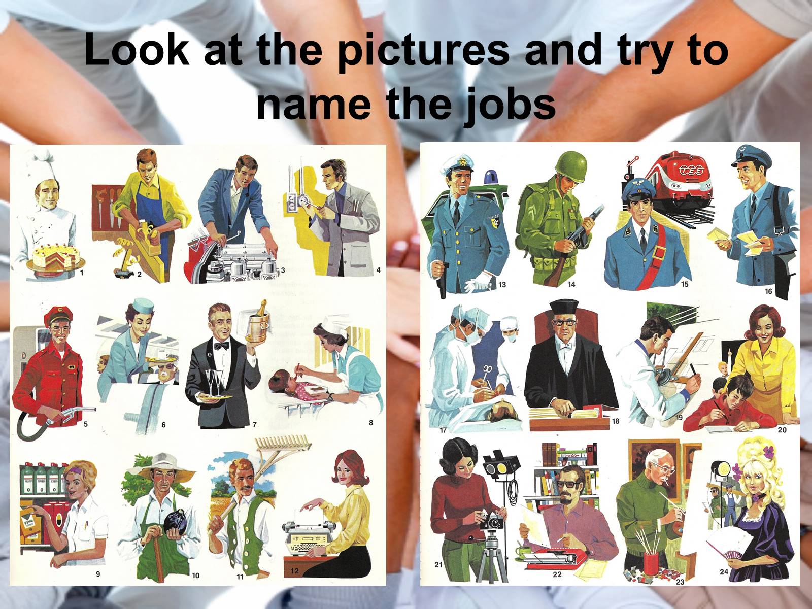 4 look at the pictures. The World of Professions тема. Different Types of jobs презентация. Английский проект по теме the World of jobs. Professions рисунок.