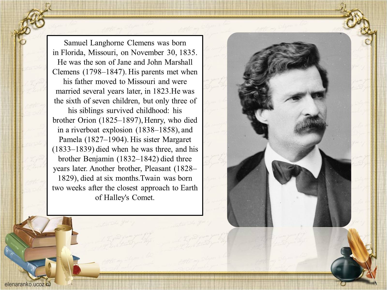 He was born. Презентация на тему Mark Twain. Mark Twain Samuel Langhorne Clemens. Samuel Langhorne Clemens "the celebrated jumping Frog of Calaveras County". Текст Mark Twain born Samuel.