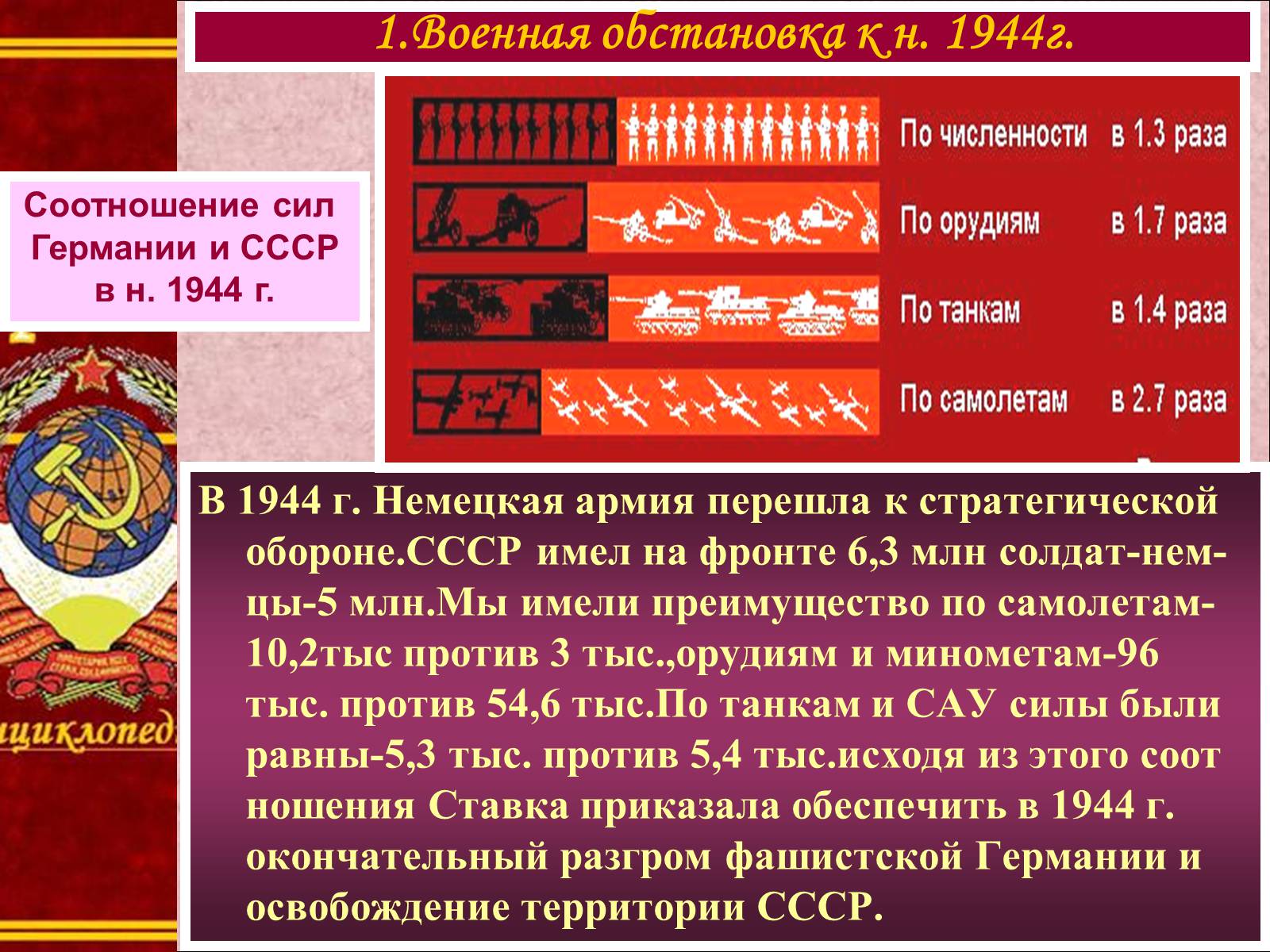 Соотношение сил ссср. Соотношение сил СССР И Германии. Соотношение сил и планы сторон в начале 1944 г. Силы Германии против СССР. Соотношение сил СССР И Германии в 1944.