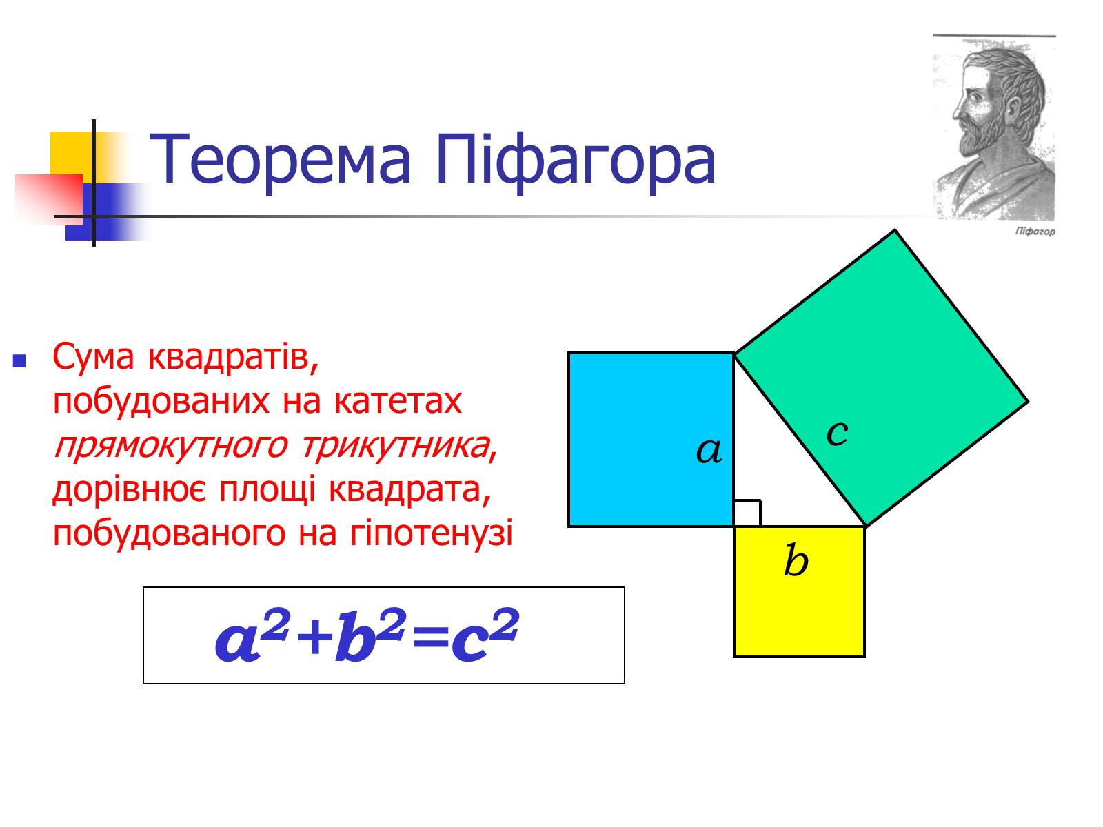 Теорема пифагора презентация. Теорема Піфагора. Теорема Пифагора на украинском. Теорема Пифагора на украинском языке. Формула Пифагора.