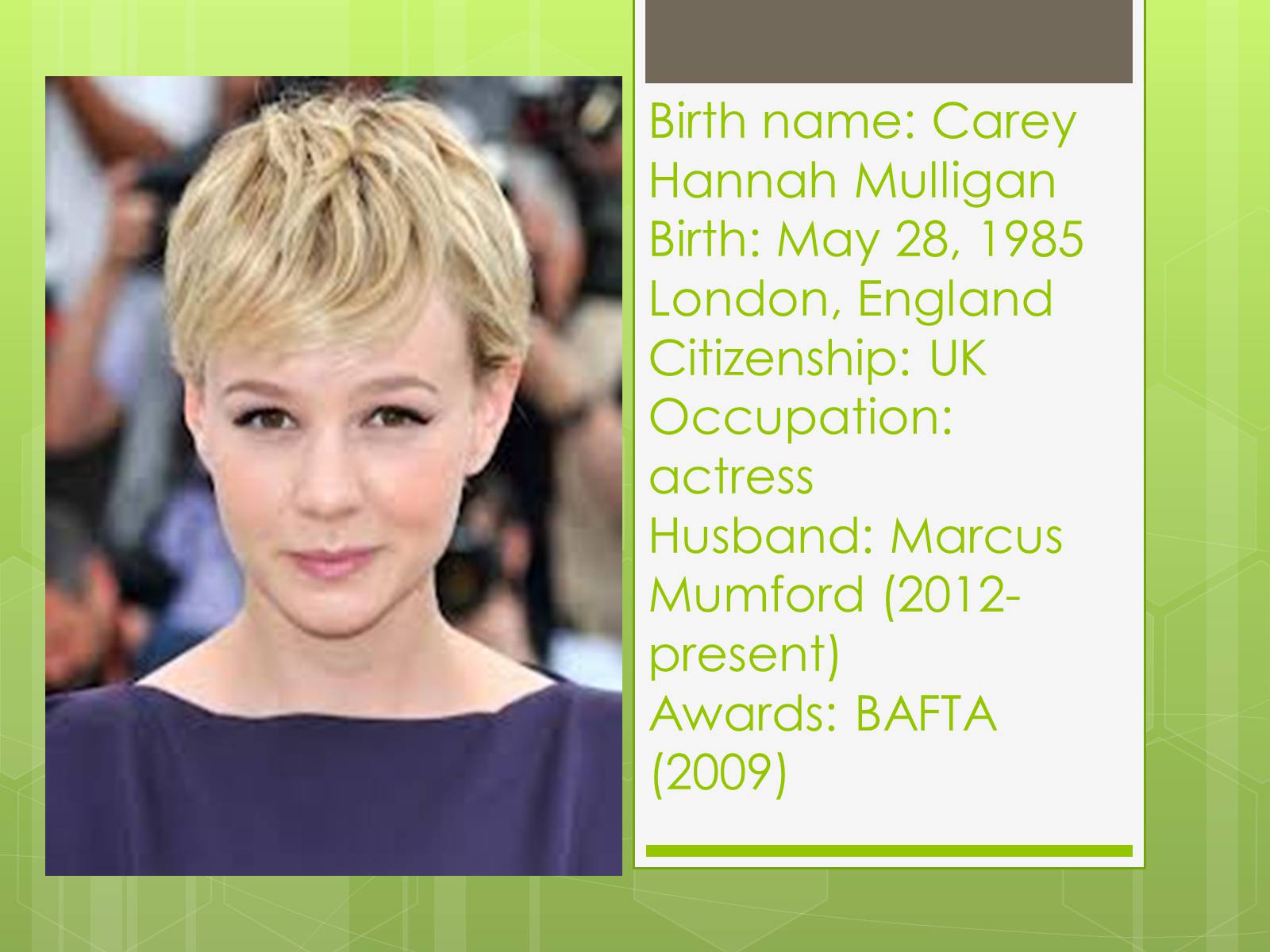 Презентація на тему «Carey Hannah Mulligan» - Слайд #2