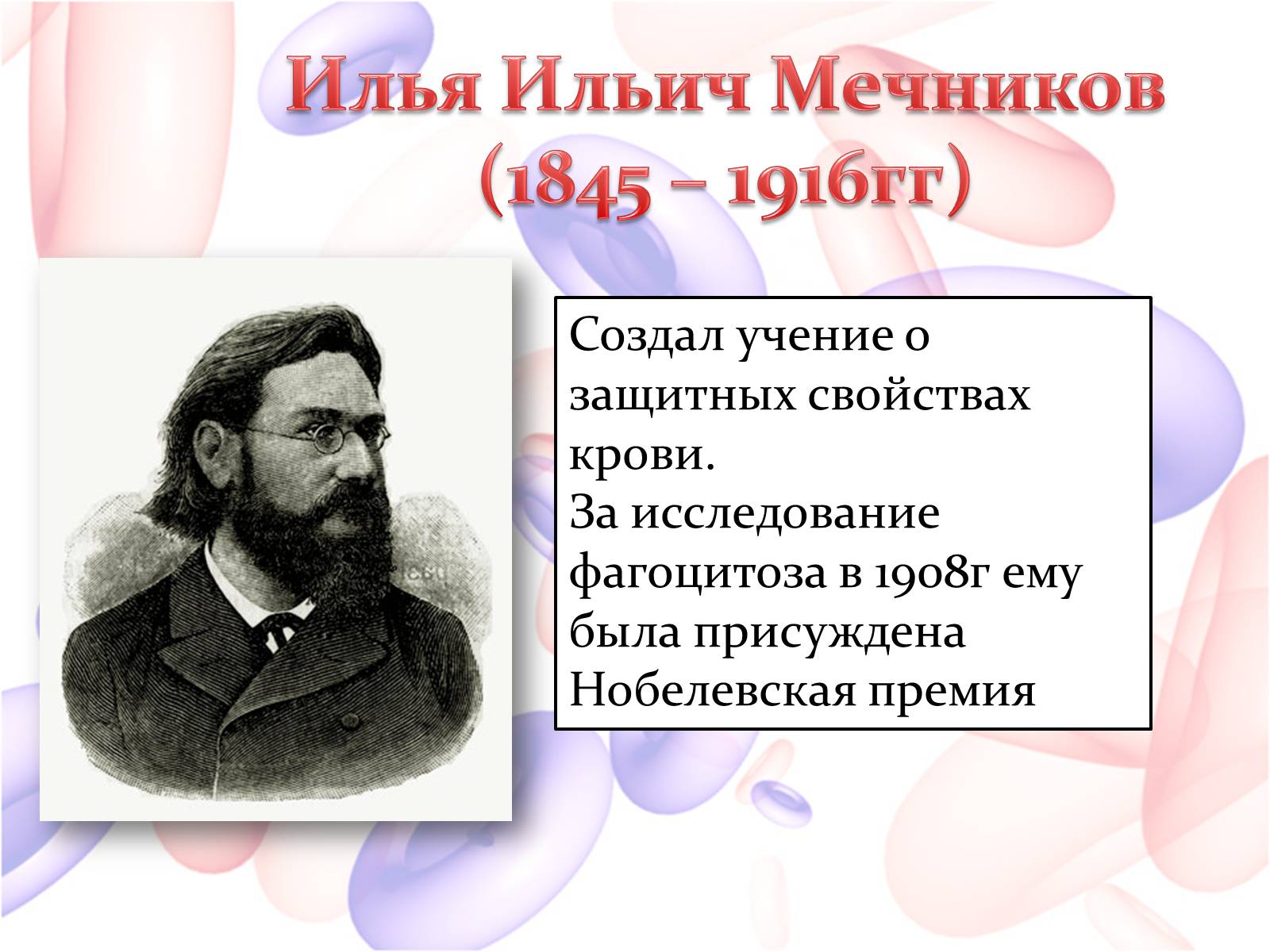 Кто открыл фагоцитоз. Учение Мечникова о защитных свойствах крови. И. И. Мечников «изучение защитных свойств организма». Илья Ильич Мечников. Кровь Мечников.