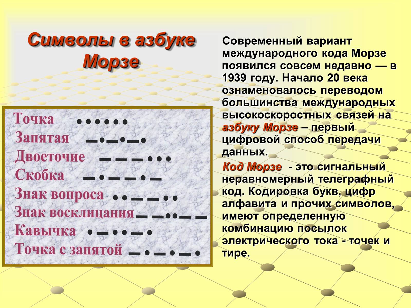 4 точки тире точка. Презентация на тему Азбука Морзе. Интернациональный код Морзе. Доклад на тему Азбука Морзе. Презентация по азбуке Морзе.